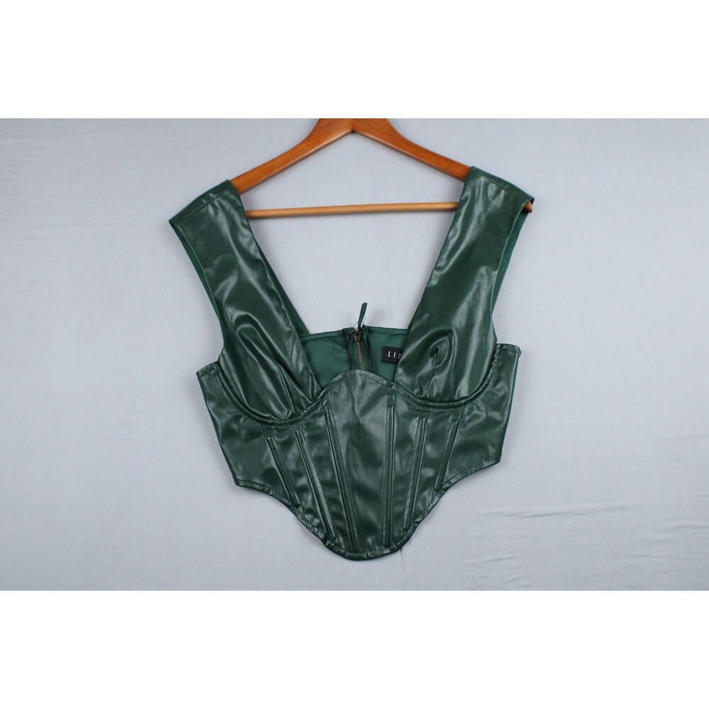 Lioness Corset Top Green Vest PU Leather Scoop Neckline Size Medium Back Zip